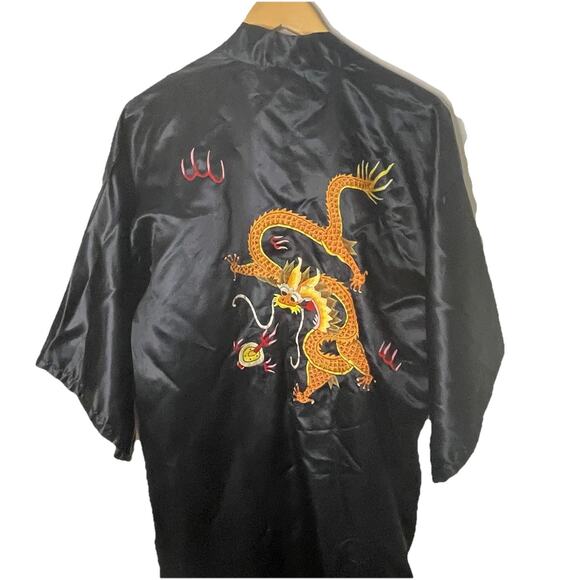 VTG MCM Asian Black Silk Embroidered Golden Chinese Dragon Robe Kimono Sz S/M/L - Picture 3 of 16
